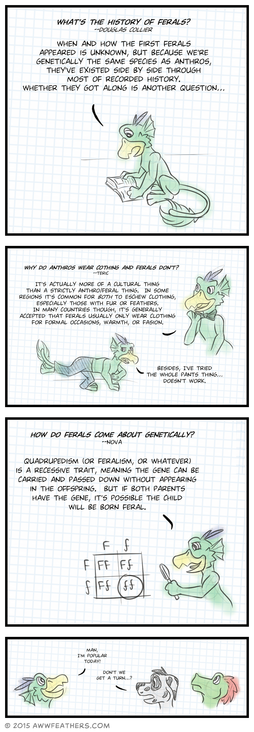 Question, "What's the history of ferals?" from Douglas Collier. Dil answers while looking uneasily at an open book, "When and how the first ferals appeared is unknown, but because we're genetically the same species as anthros, they've existed side by side through most of recorded history. Whether they got along is another question..." Question, "Why do anthros wear cothing and ferals don't?" from Teric. Dil answers, smirking while wearing a bow tie, "It's actually more of a cultural thing than a strictly anthro/feral thing. In some regions it's common for both to eschew clothing, especially those with fur or feathers. In many countries though, it's generally accepted that ferals usually only wear clothing for formal occasions, warmth, or fasion." Then we see Dil wearing a pair of pants, with his tail stuck in one of the pant legs. He says, "Besides, I've tried the whole pants thing... Doesn't work." Question, "How do ferals come about genetically?" from Nova. Dil answers while holding a magnifying glass at a chart of four squares, each containing a combination of upper and lowercase f's, "Quadrupedism (or feralism, or whatever) is a recessive trait, meaning the gene can be carried and passed down without appearing in the offspring. But if both parents have the gene, it's possible the child will be born feral." Dil smiles and glances up at the previous questions and says, "Man, I'm popular today!" Chris and Ine glance up as well as Chris asks, "Don't we get a turn...?"